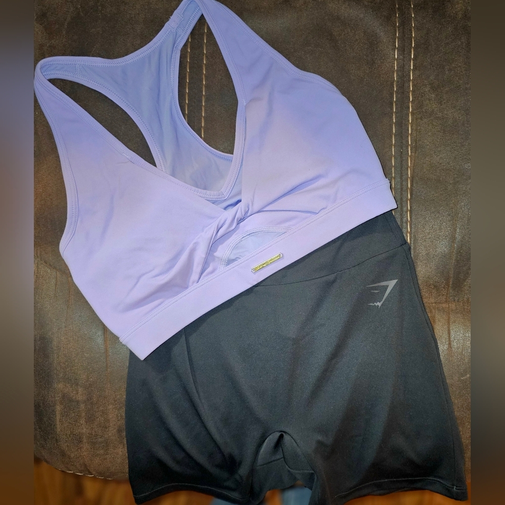 Women's Gymshark Lavender Sports Bra and Black shorts set